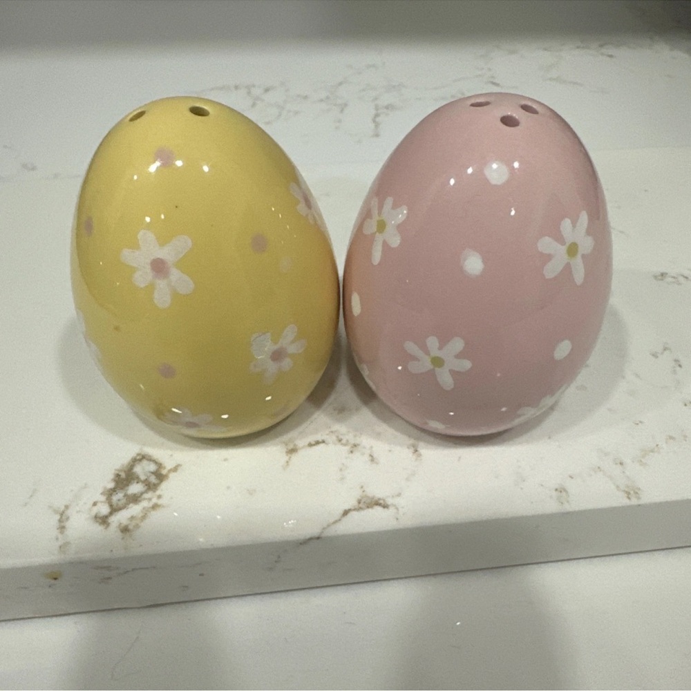 Pastel Easter Egg Salt & Pepper Shakers Pink/Yellow Ceramic 2.5” Tall
